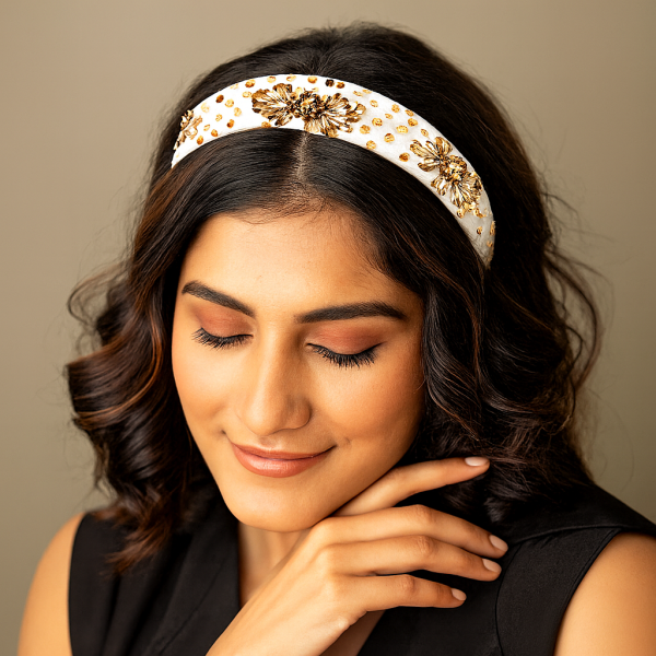 Golden Bloom White Satin Hairband