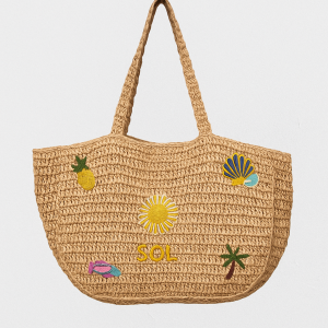 Embroidered Straw Beach Tote