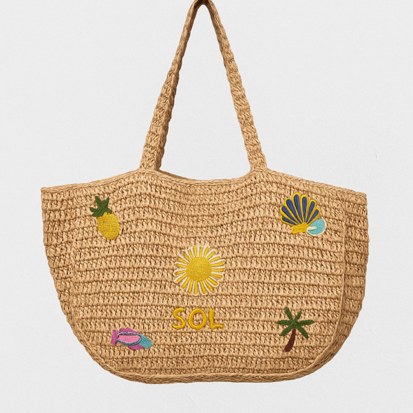 Embroidered Straw Beach Tote