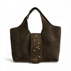 Brown Suede Tote Bag with Stud Detail