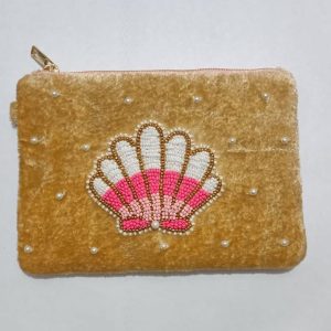 Gold Velvet pouch with Beaded Shell Design