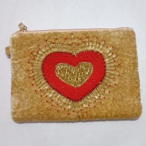 Gold Velvet pouch with Beaded Heart Design