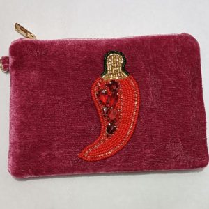 Luxury Velvet pouch with Hand-Embroidered Chili