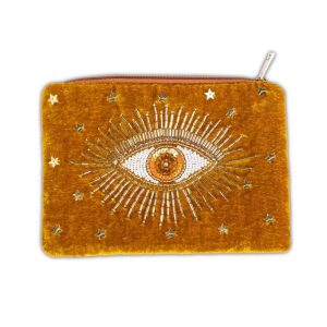 Hand-Embroidered Evil Eye Velvet Pouch – Mustard Gold