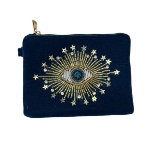Velvet Pouch with Hand-Beaded Evil Eye Design