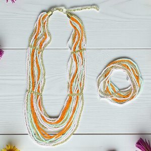 Multi-Strand Seed Bead Necklace & Bracelet Set – Pastel Orange, Mint & Gold