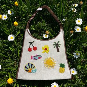 Hand-Embroidered Jute Shoulder Bag – Tropical Motif