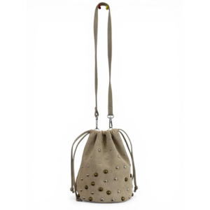 Beige Suede Bucket Sling Bag with Stud Embellishments