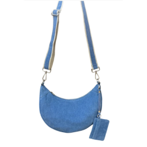 Blue Corduroy Crescent Sling Bag with Adjustable Strap & Mini Pouch