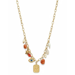 Gold Charm Chain Necklace with Pearl & Stone Accents – Boho Luxe Collection