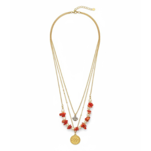 Layered Gold Chain Necklace with Coral Beads & Coin Pendant – Boho Luxe Statement