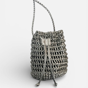 Metallic Woven Mini Bucket Bag – Silver Drawstring Sling