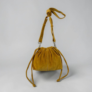 Mustard Suede Drawstring Mini Bag – Soft Bucket Sling