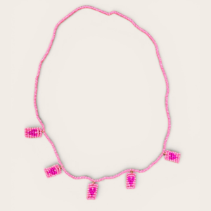 Pink Beaded Charm Necklace with Handcrafted Mini Pendant Drops