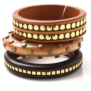 Rustic Luxe Wooden Bangle Set – Handcrafted Metallic Detail Bracelets