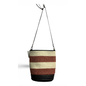 Striped Woven Bucket Sling Bag with Leather Base