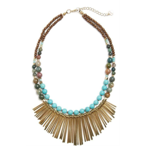 Turquoise & Multi-Stone Fringe Statement Necklace with Gold Bar Drops
